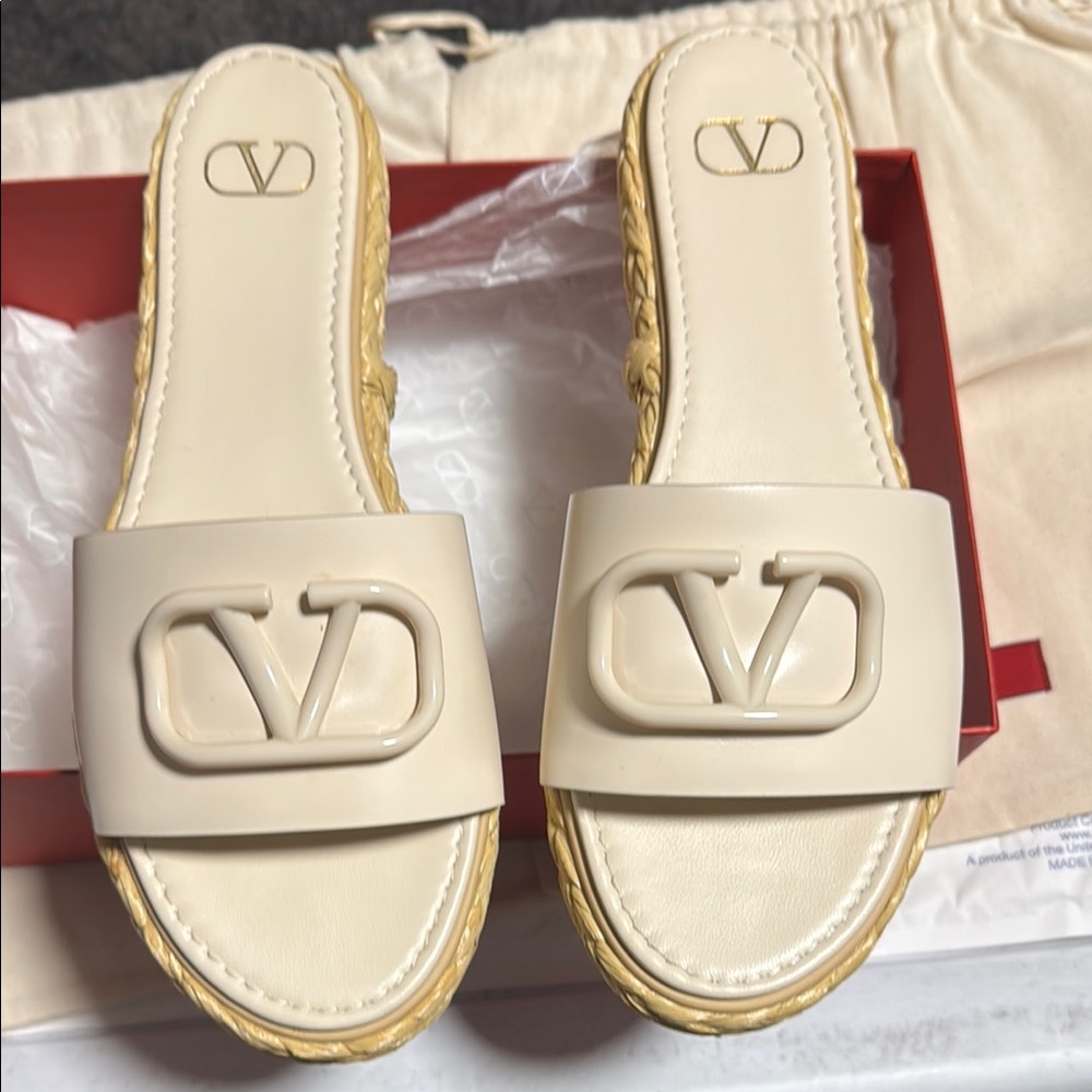 Valentino Cream and Tan Slide Sandals